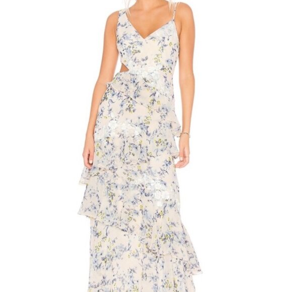 BCBG MAXAZRIA Asymmetrical Ruffle Gown in Blue Floral NWOT Size 2 - Picture 4 of 14